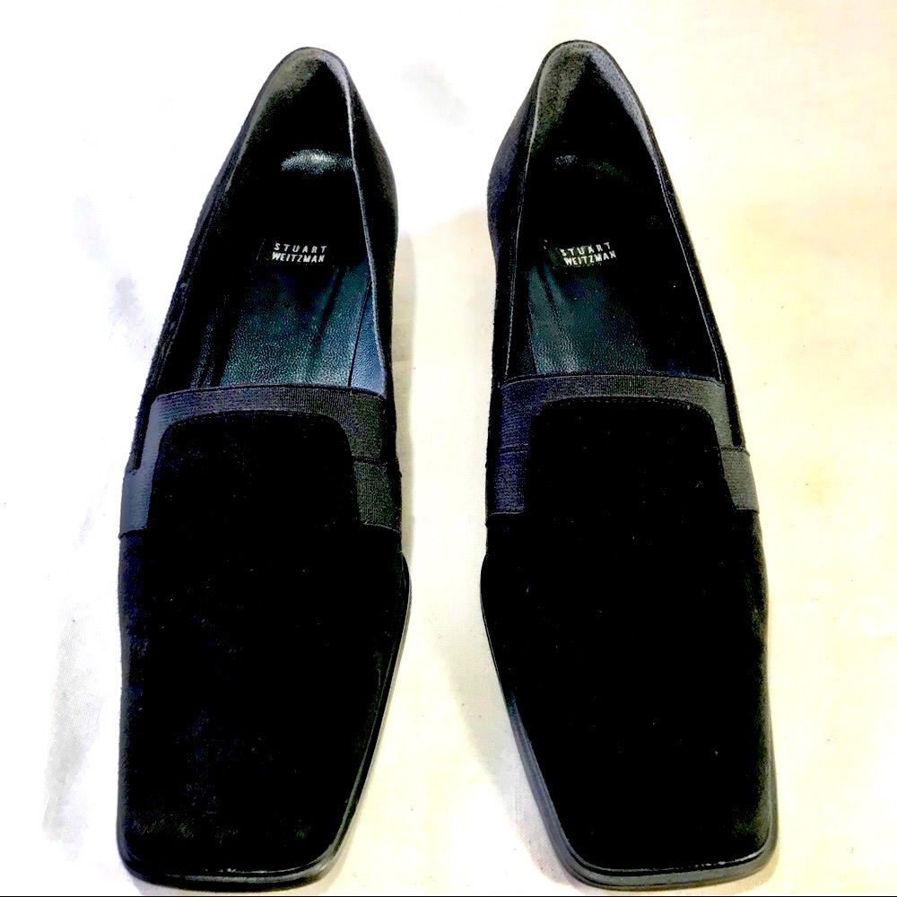 Vintage Stuart Weitzman low heel suede tuxedo sq toe loafers elastic ins…